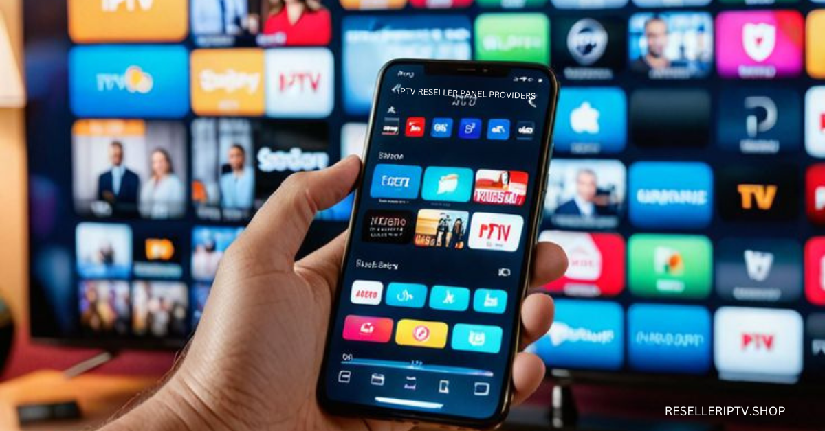 Young man using IPTV reseller panel on a laptop at night, streaming icons around, side hustle style.